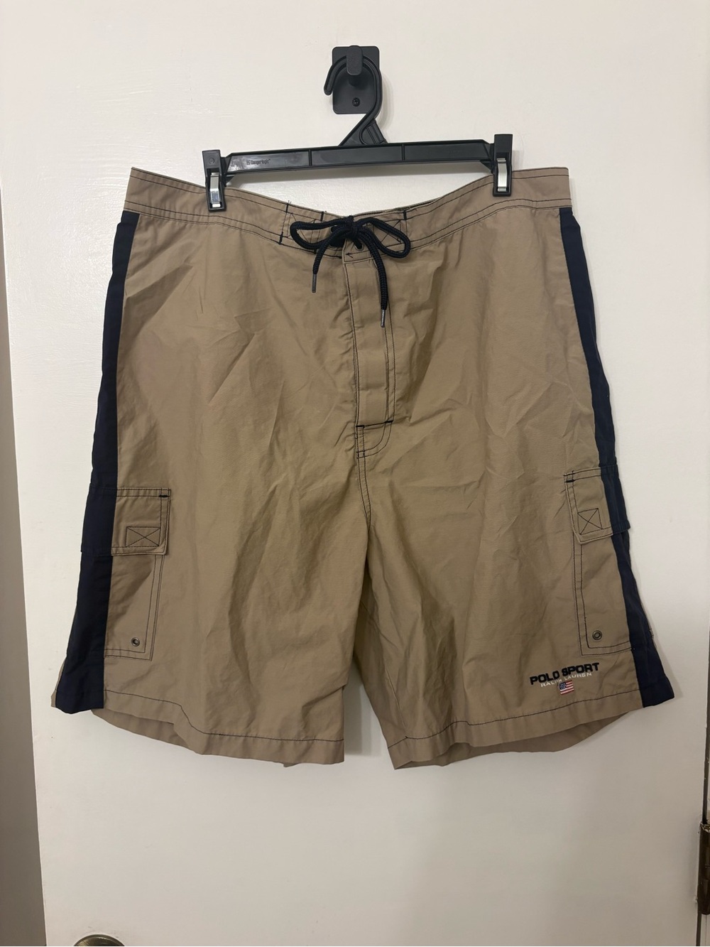 VTG 90s Polo Sport Ralph Lauren Cargo Swim Shorts XXL Khaki Navy USA Flag Gorp